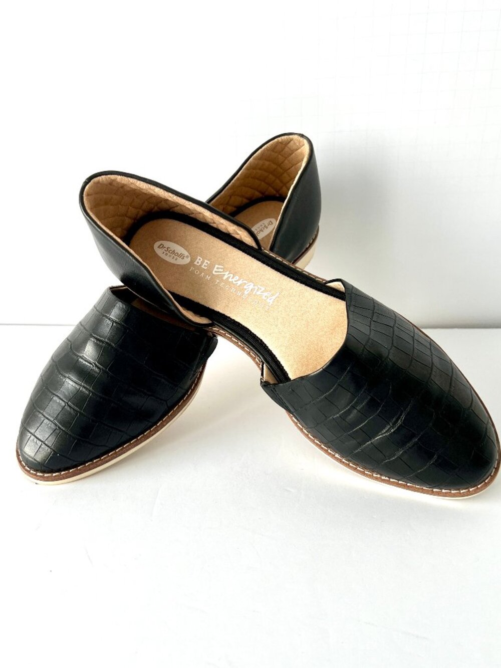 Dr. Scholl's BE Energized Black Faux Croc d'Orsay Cut-out Slip ons, Size 10, EC